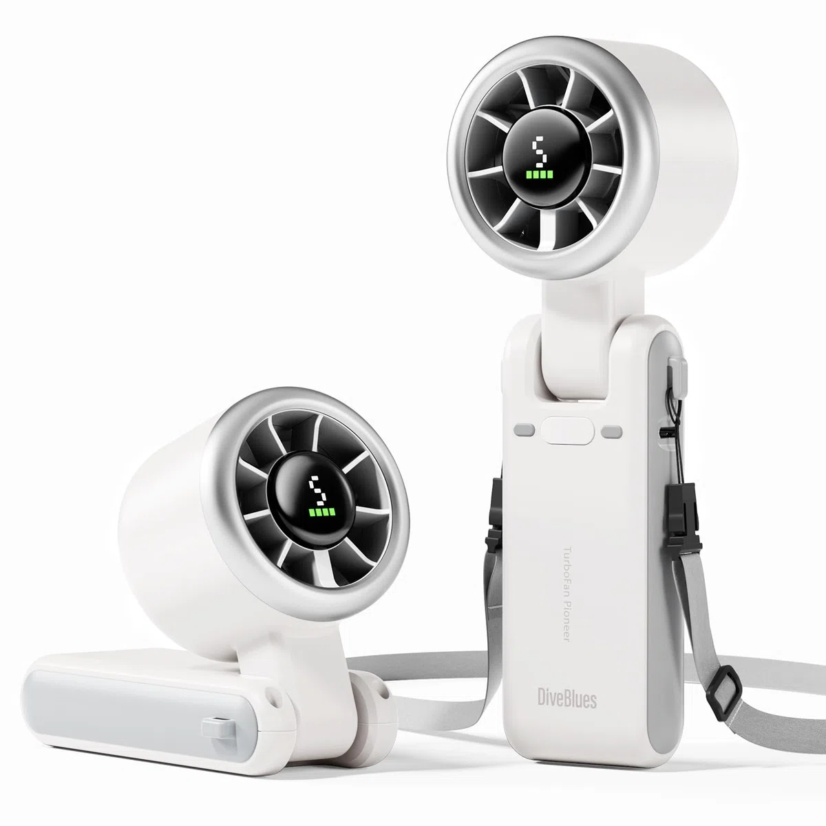 Diveblues Tragbarer Turbo Handventilator, 9m/s Hohe Geschwindigkeit, 5-stufiger Wind, wiederaufladbarer Akku, 3-in-1 Hand-, Hals- & Tischventilator, bis zu 12 Stunden, für Reisen, Büro & Outdoor
