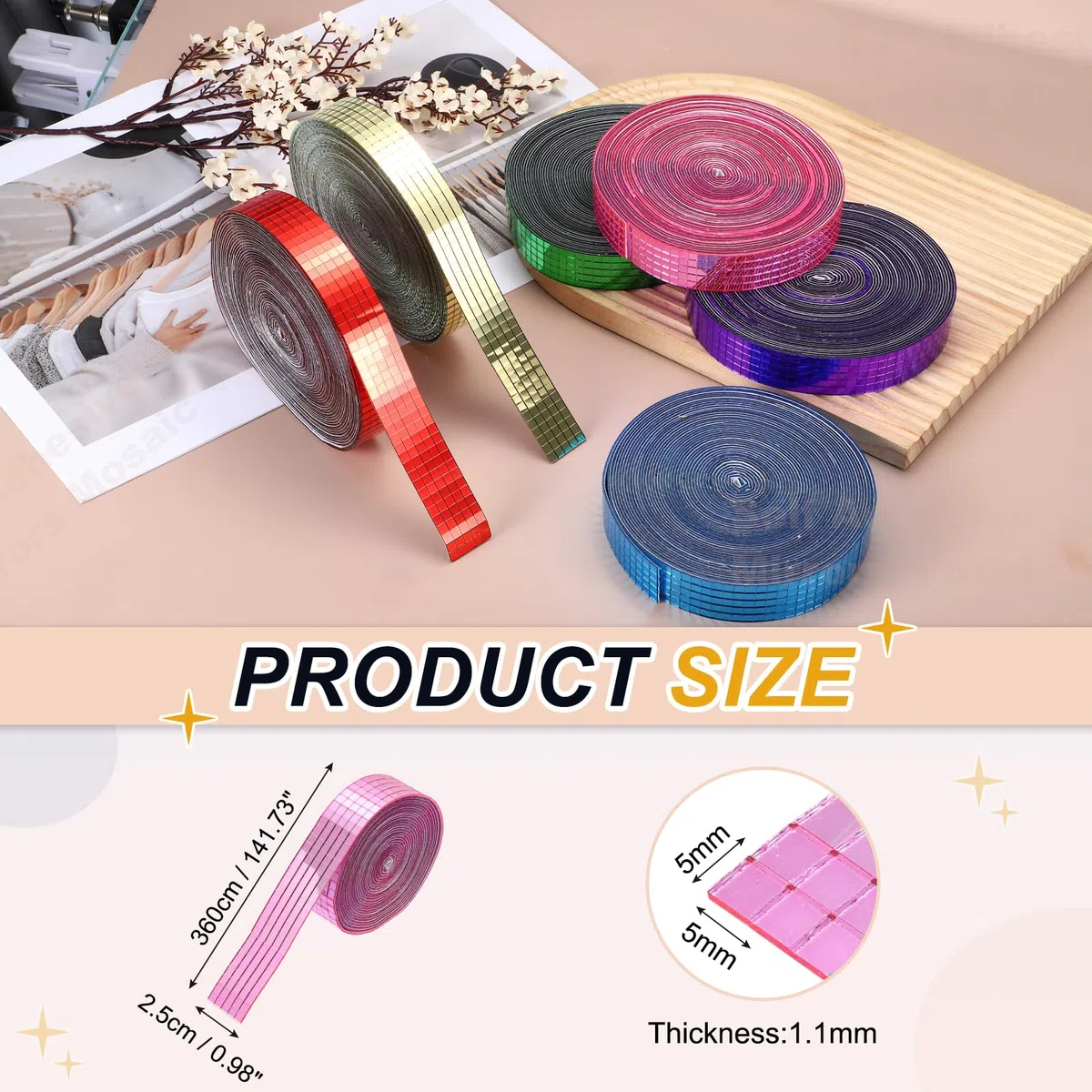 PATIKIL 5x5mm Selbstklebende Spiegel Mosaikfliesen 3600 Stück Quadratische Mini Glas Mosaik Disco Fliesen Aufkleber Für DIY Bastel Disco Ball Party Deko Pink