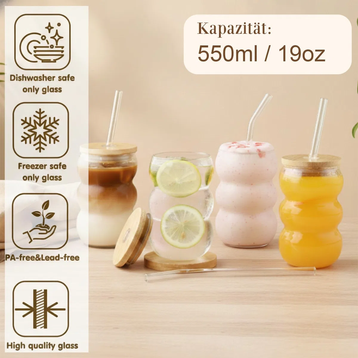 VITEVER Matcha Latte Glas, 2pcs 550ml Glasbecher mit Deckel und Strohhalm Latte Gläser, Bubble Glasbecher, Macchiato Gläser, Cocktailglas, Kaffeeglas Eiskaffee Trinkglas mit Bürste und Strohhalm