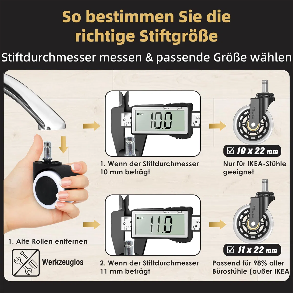 WEWILL Bürostuhl Rollen Stuhlrollen bis 300 kg Schreibtischstuhl Gummirollen Hartbodenrollen, Sehr leise Bürostuhlrollen 5PCS 11x22 mm, Keine Bodenschutzmatte Nötig Keine Kratzer im Boden