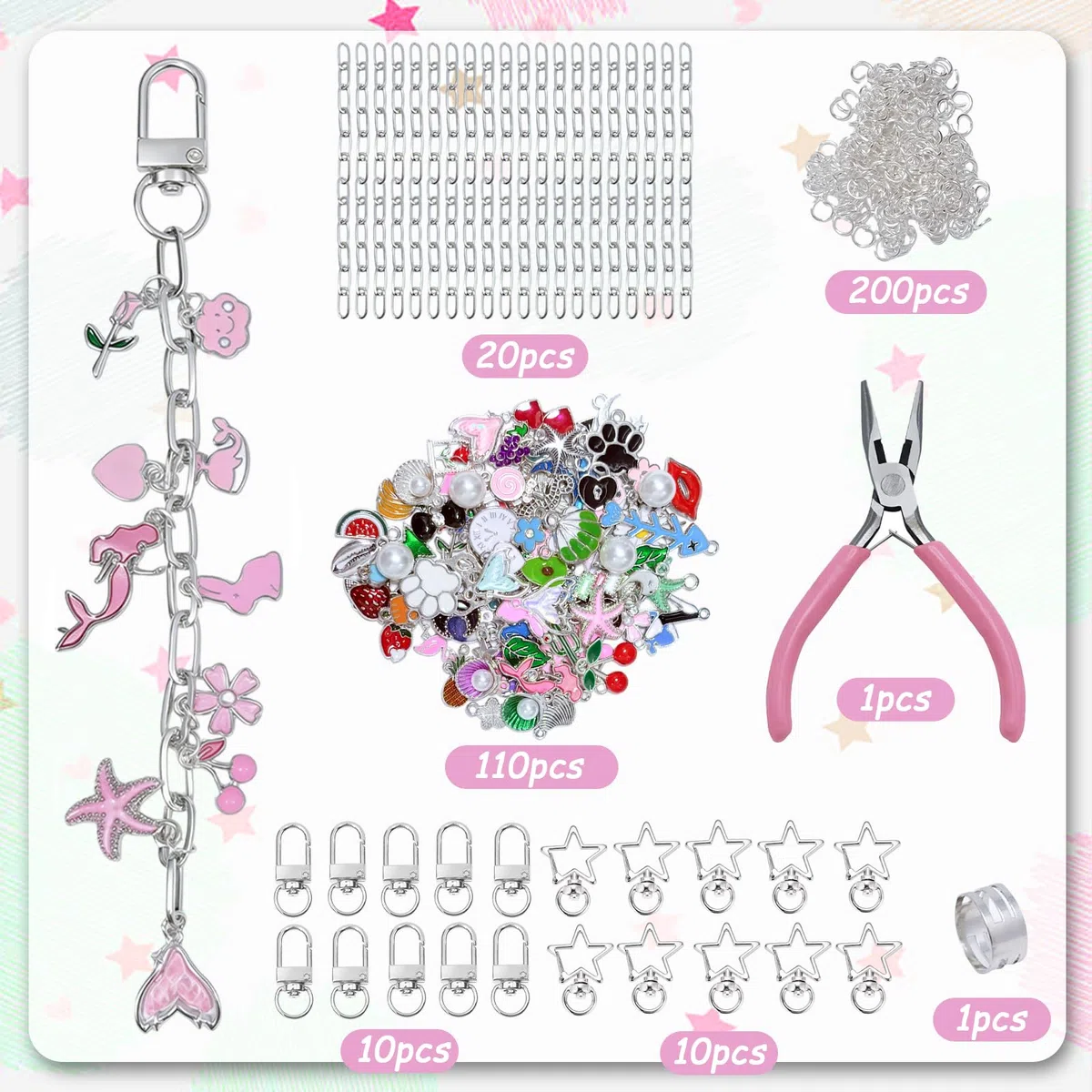 352 Stück DIY Schlüsselanhänger Selber Machen, Metall Charms Anhänger Set, Schlüsselringen Basteln Verlängerungsketten Schlüsselanhänger Clips und Zange, Keychain Diy für Taschenanhänger,Silber