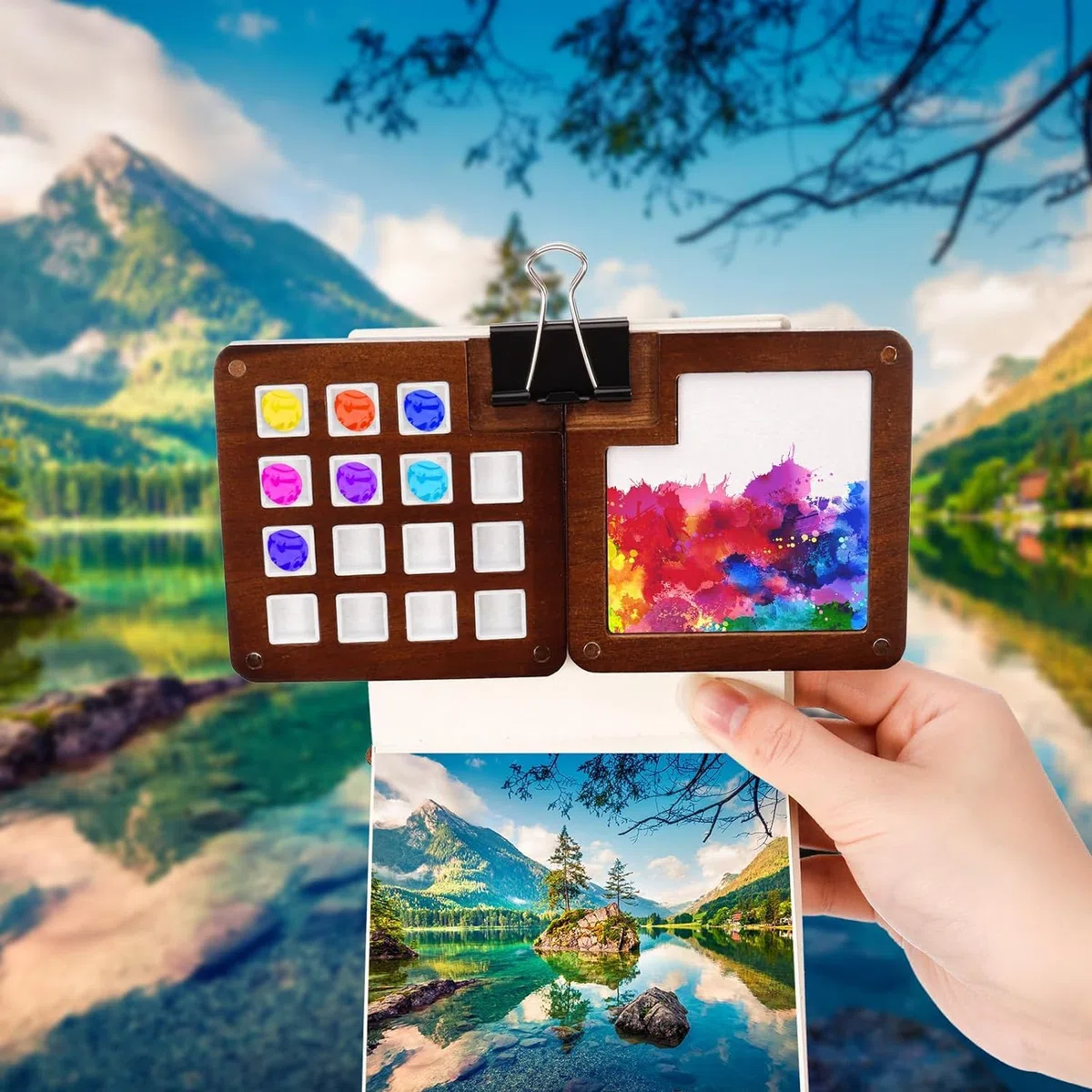 Reise-Skizzenbuch Palette, 15 Fächer, Mini-Holz-Magnet-Palette, Farbsparer 12 x 12 cm, Aquarell-Skizzenbuch, Tagebuch, 300 g/m², 24 Blatt, Kaltpress-Papier