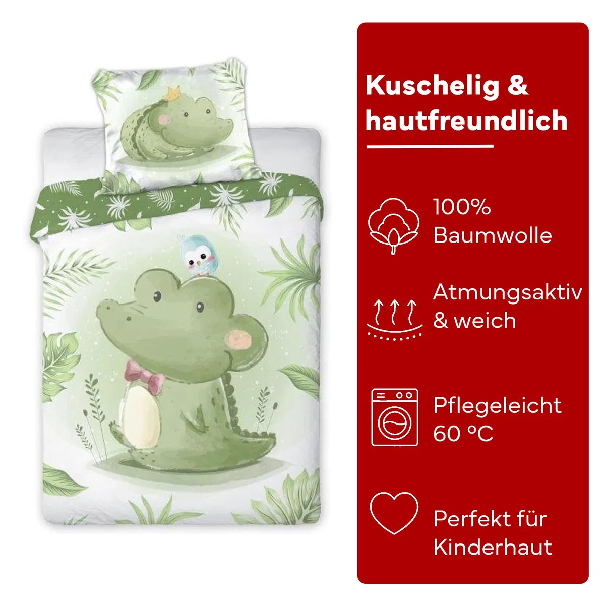 Kinderbettwäsche Set Motiv Krokodil Druckmotiv 100% Baumwolle Reißverschluss pflegeleicht Bettbezug 100x135 cm + Kissenbezug 40x60 cm