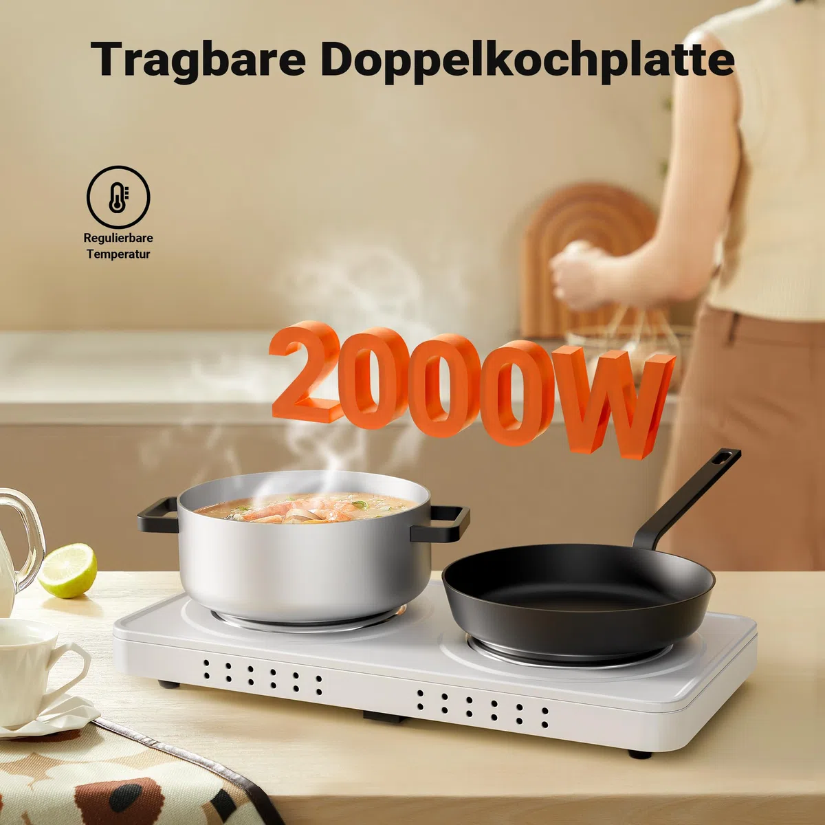 Wiltec Doppelkochplatte 2000W Kochplatte elektrisch mit Thermostat und Überhitzungsschutz Camping Herdplatte aus Gusseisen Elektro Kochplatte