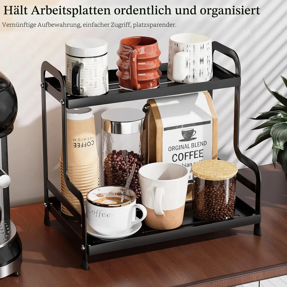 Bokelai 2-stöckiger Kaffeebar-Organizer und Zubehör, Aufbewahrungsregal für Küche, Kaffeestation, Organizer, Becherhalter, Kaffee-Gewürz-Aufbewahrungsregal, Schwarz