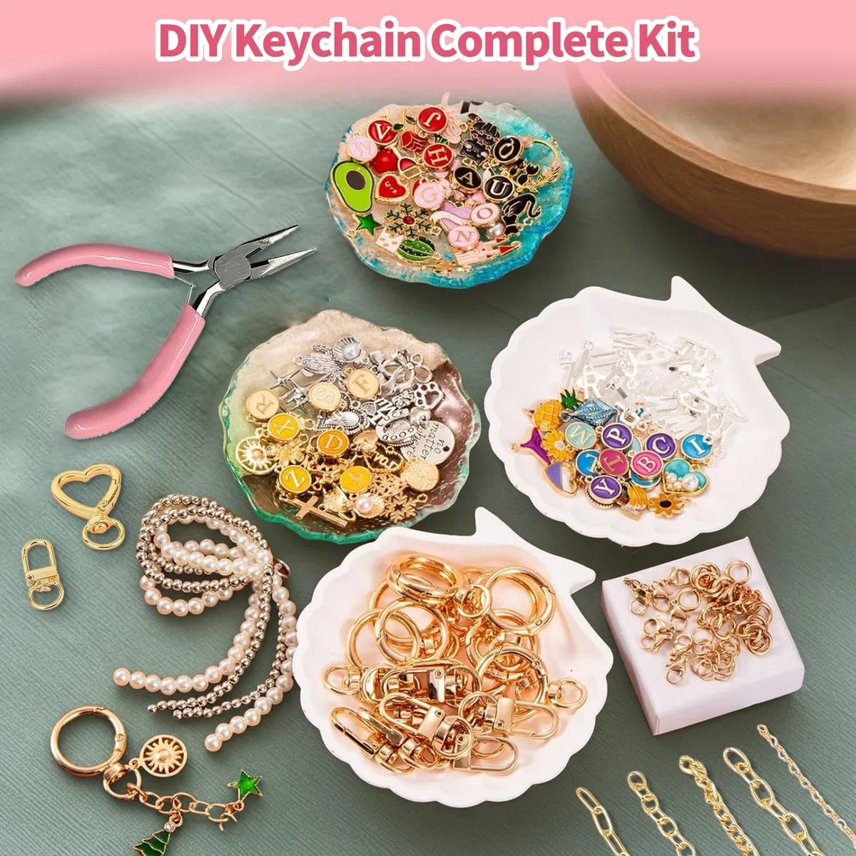 432 Stück DIY Schlüsselanhänger Basteln Charms Anhänger Set, Keychain Set mit Charms, Schlüsselanhänger Clips, Verlängerungsketten, Biegeringen und Schmuckzange, Selber Machen von Schlüsselanhängern