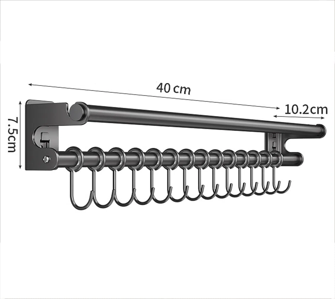 Hakenleiste Küche mit 8 Haken | Wandmontiert, 40 cm lang, Weltraumaluminium und Kohlenstoffstahl, Mit Messerhalter