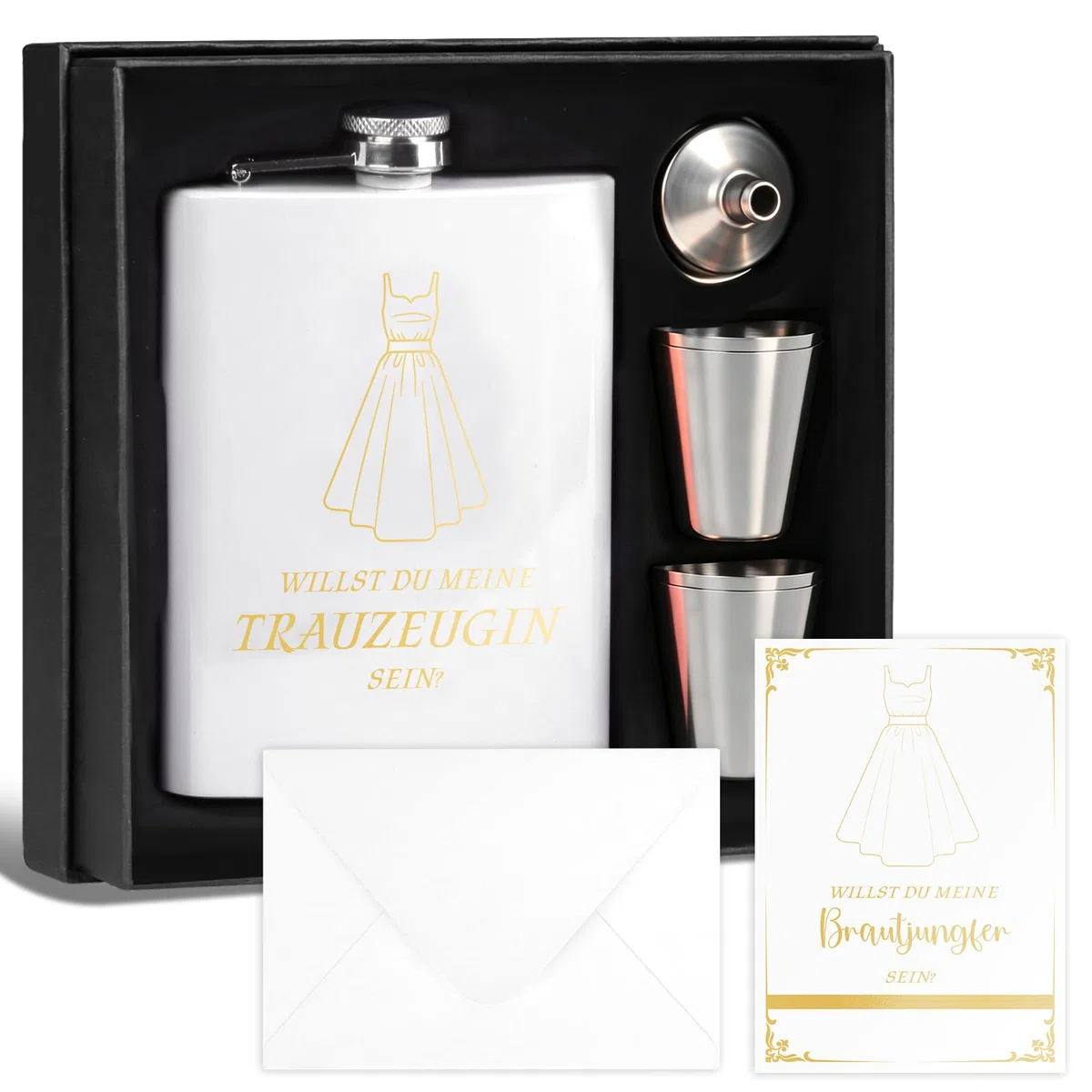 8 Stück Trauzeugin Fragen Flachmann Willst Du Meine Trauzeugin Sein Mit Karte 8oz Flachmann Mit Gravur Weiß 4 Becher Trichter In Schwarzer Geschenkbox Geschenk Edelstahl Schnapsgläser für Hochzeit JGA
