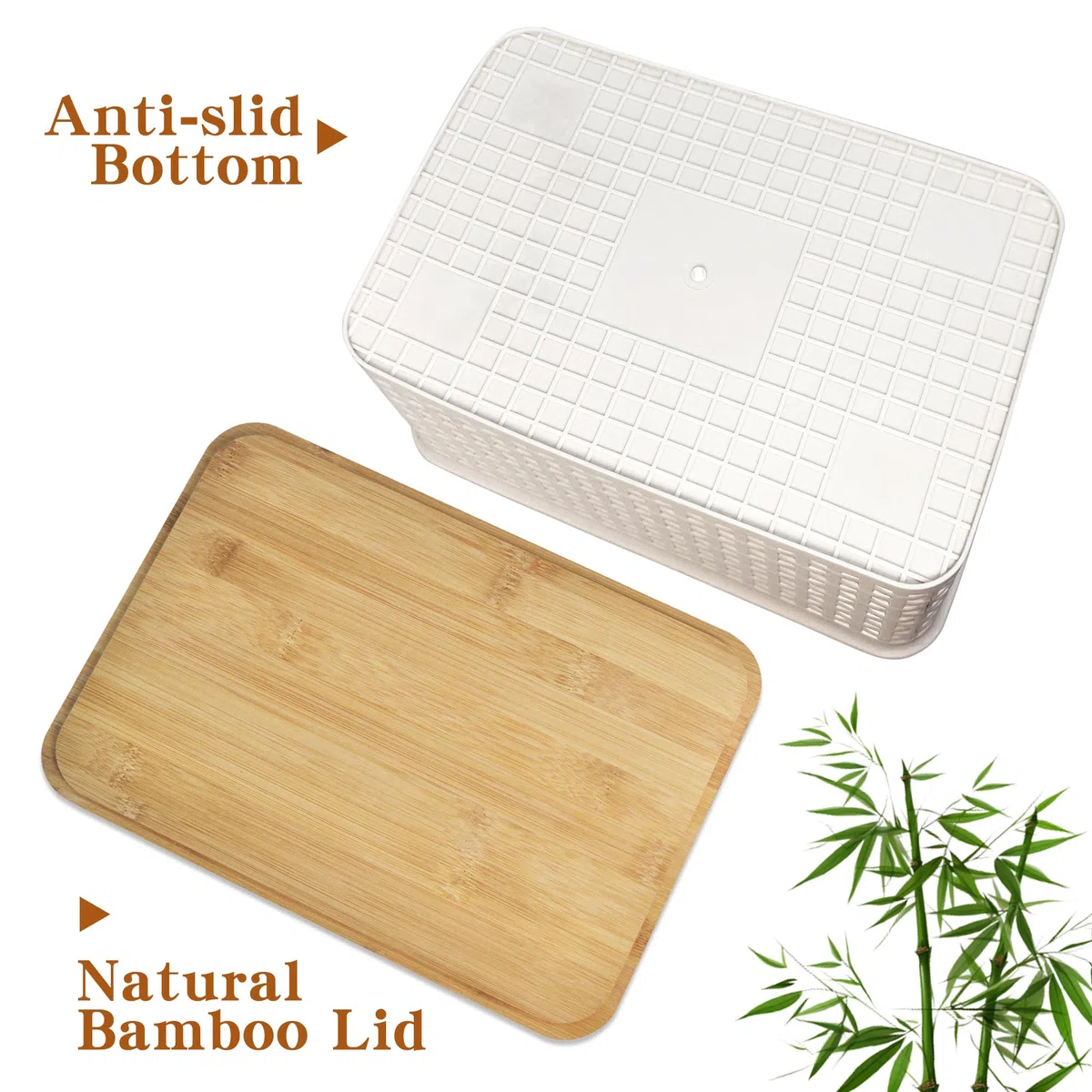 LYLIDIA 3 Stücke Aufbewahrungsbox mit Bambus Deckel Bad 5L Korb Plastikbox Weiß 25x18x10cm Lidded Stapelboxen Badezimmer Küche Aufbewahrungsboxen Rattan Organizer Box for Regal Schränke Kabinett