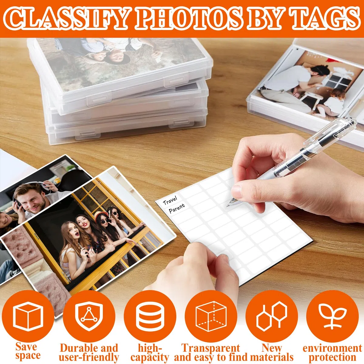 Fotoaufbewahrungsbox, 36,3x26,7x12cm, 18 innere Halter, transparent, mit Aufklebern, Kunststoff-Photo-Organizer für Sammler, Bastelkarten, Bürobedarf
