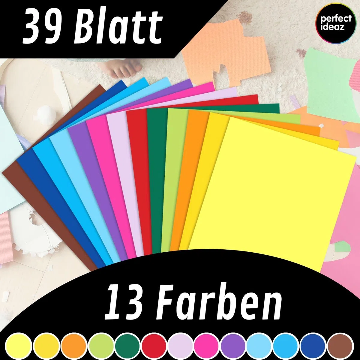 perfect ideaz - 39 Blatt Tonkarton DIN-A3, 13 Farben, 180 g/m², made in Germany, Blauer Engel zertifiziert (13 Farben)