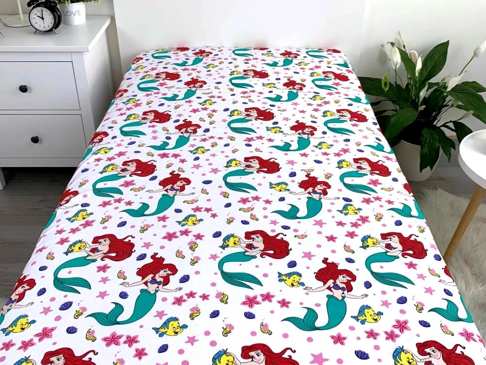 Jerry Fabrics Spannbettlaken für Einzelbett, Ariel Friends, Bettwäsche aus 100 % Baumwolle, bequem und atmungsaktiv, niedliches Disney-Prinzessinnenmotiv Arielle