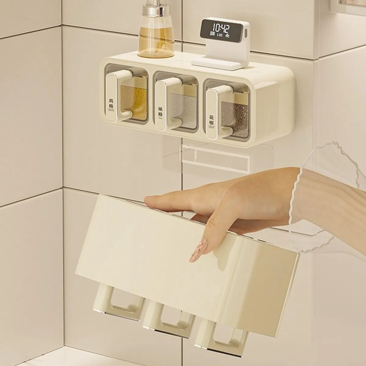 Gewürz-Aufbewahrungsbox für die Küche, Wandbehang, feuchtigkeitsbeständig, Gewürzhalter mit einzelnen Fächern und Etiketten, einfache Installation (B)