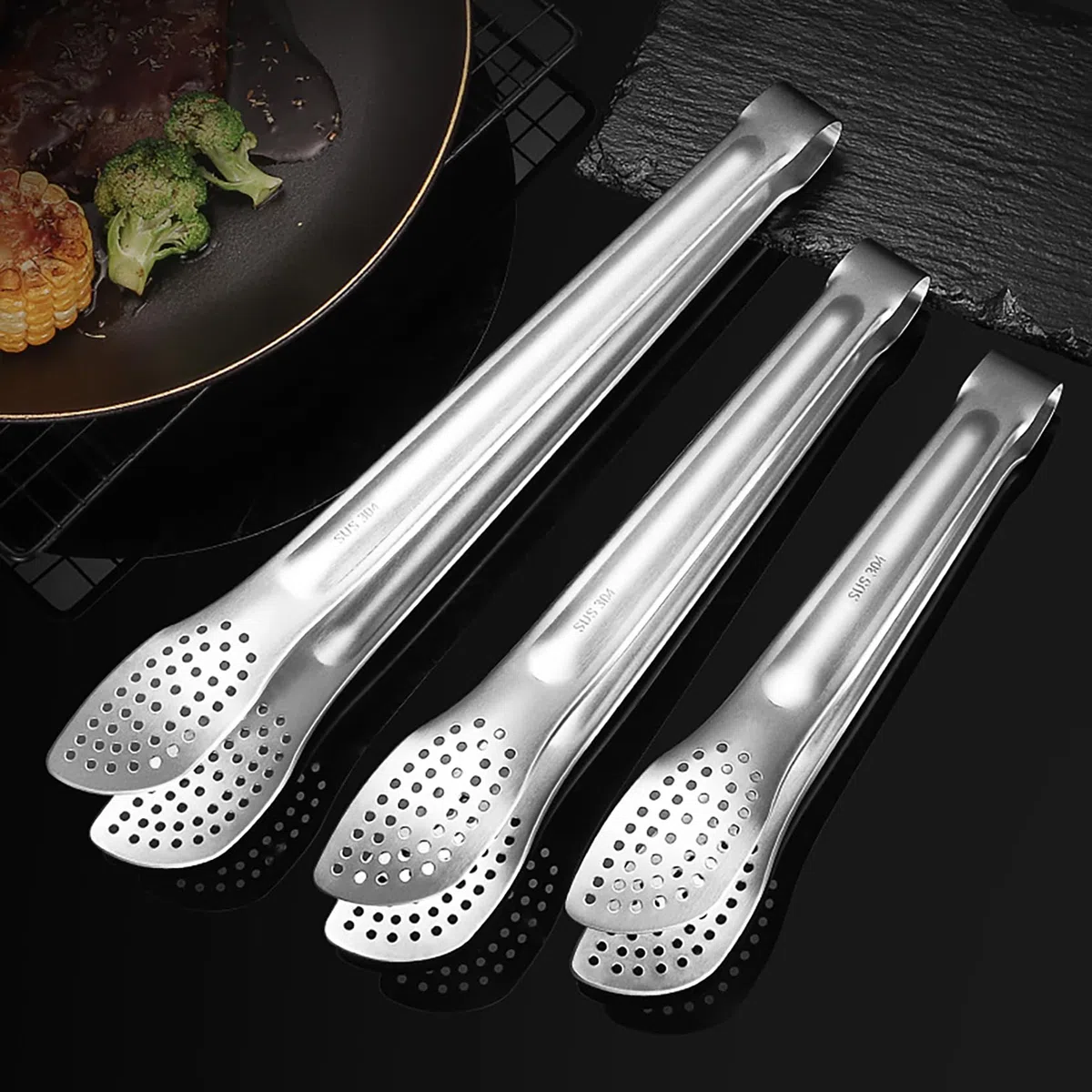 2 Stück SUS304 Edelstahl Grillzange (24 cm), kein Schweißen, minimalistischer Stil, mit kurzem Griff, japanische Yakiniku-Zange, kleine Servierzange zum Kochen, Grillen, Buffet