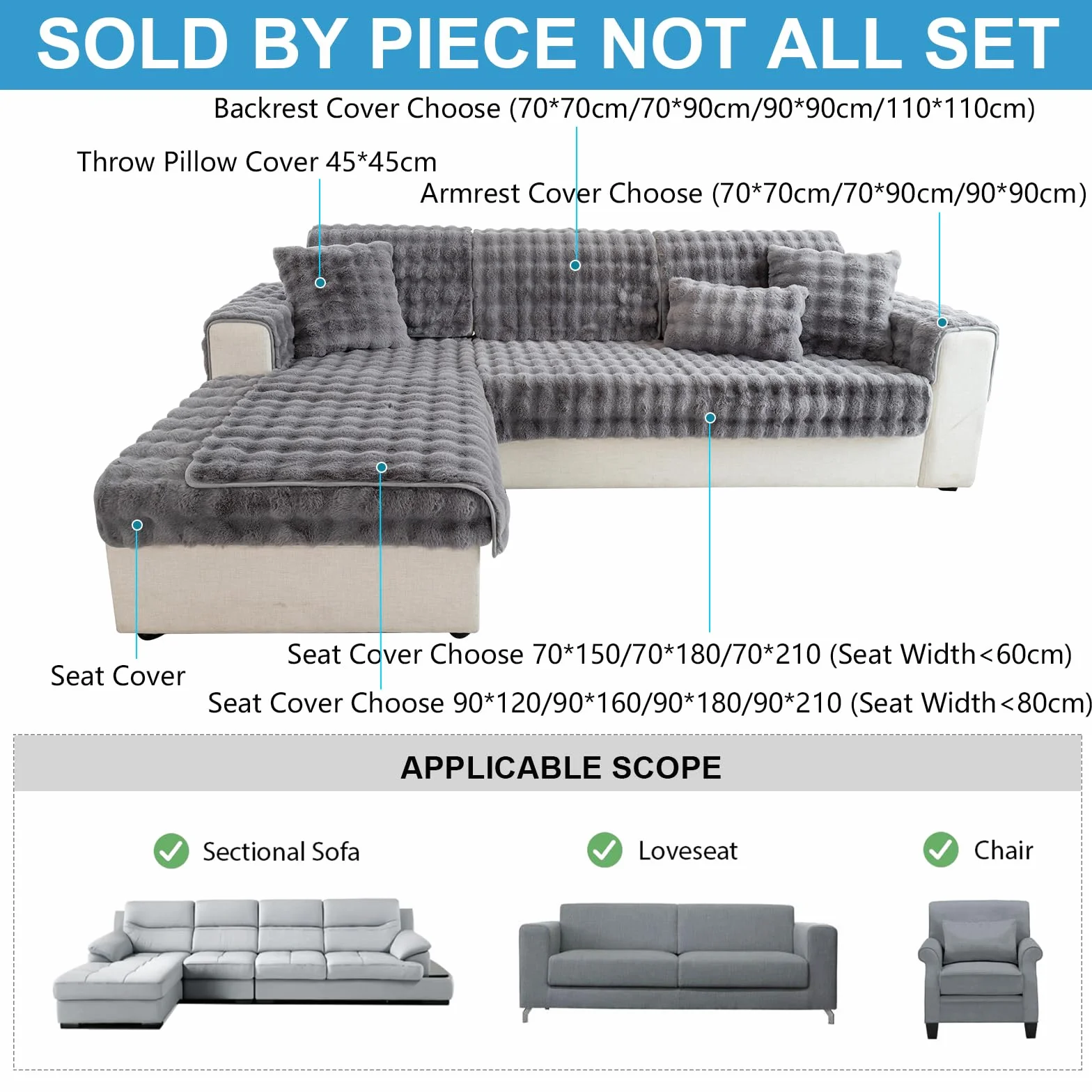 Weiche Plüsch Sofabezug Waschbar - Neue Rutschfeste Sofa überzug 1 2 3 4 Sitzer Couch überzug für Sektionssofa, Flauschiger Kunstpelz Sofa Sitzkissenbezug L Form Möbelschutz (Dunkelgrau, 70x70cm)