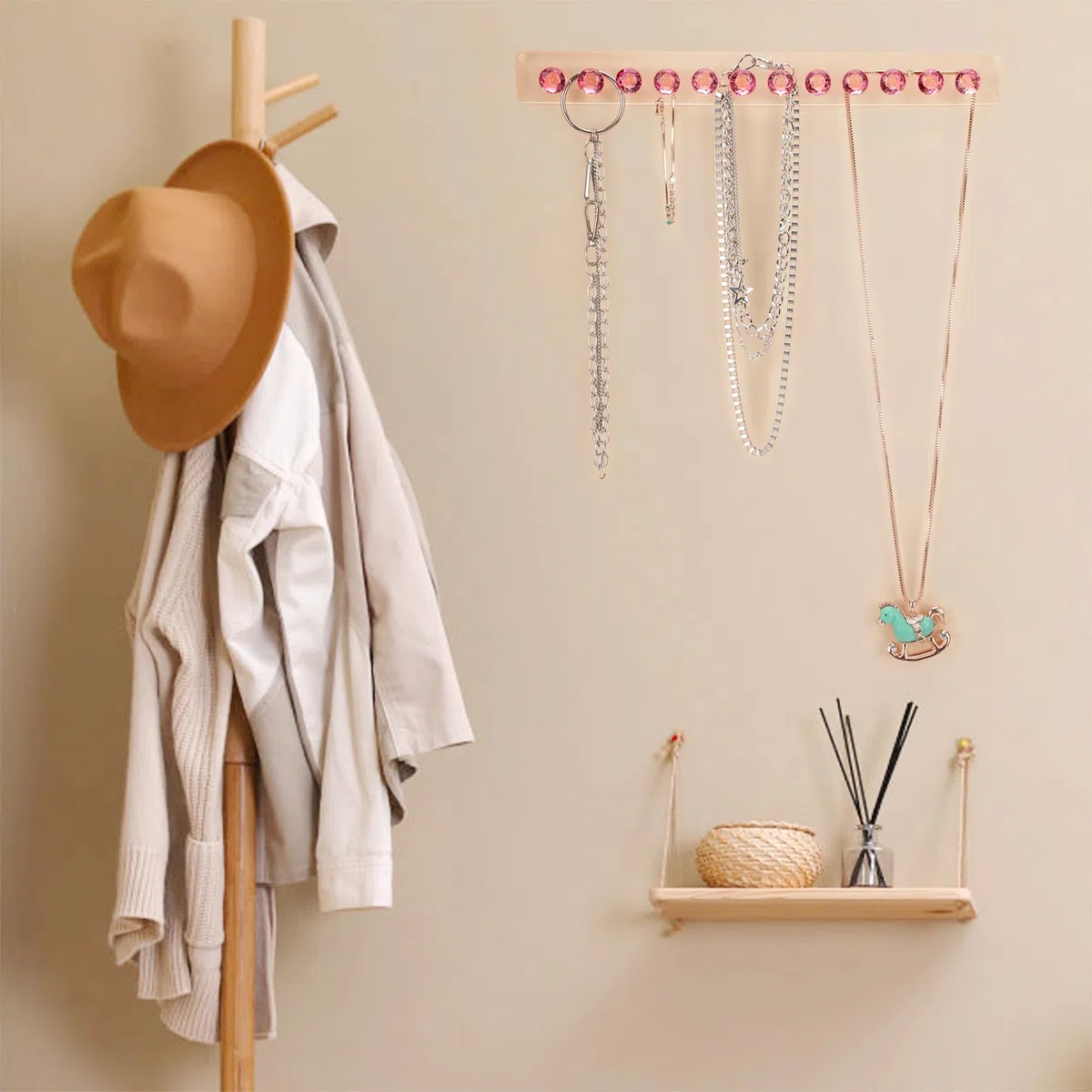 Halsketten-Aufhänger Acryl-Halskettenhalter Wandmontage Schmuck-Organizer mit 12 Diamant Form Haken für Halsketten, Armbänder, Ketten, Ohrringe, 2 Stück (Rosa)