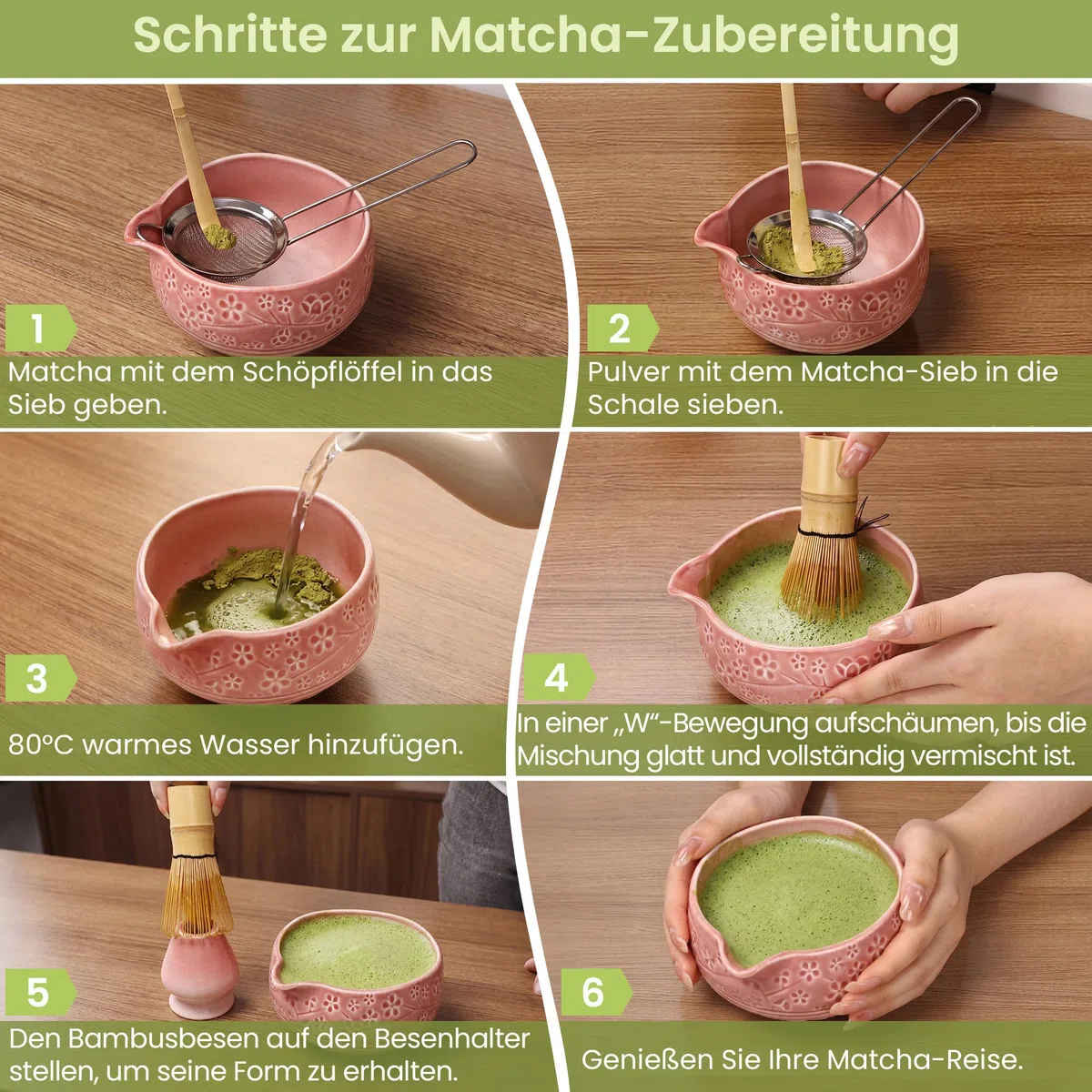 Matcha Set Rosa, 7 Teiliges Matcha Besen Set, Bambusbesen und Besenhalter, Keramik Matcha Schale, Sieb, Löffel und Halter zubehör, Japanisches Teezeremonie Set für Starter - Farbverlauf Pink