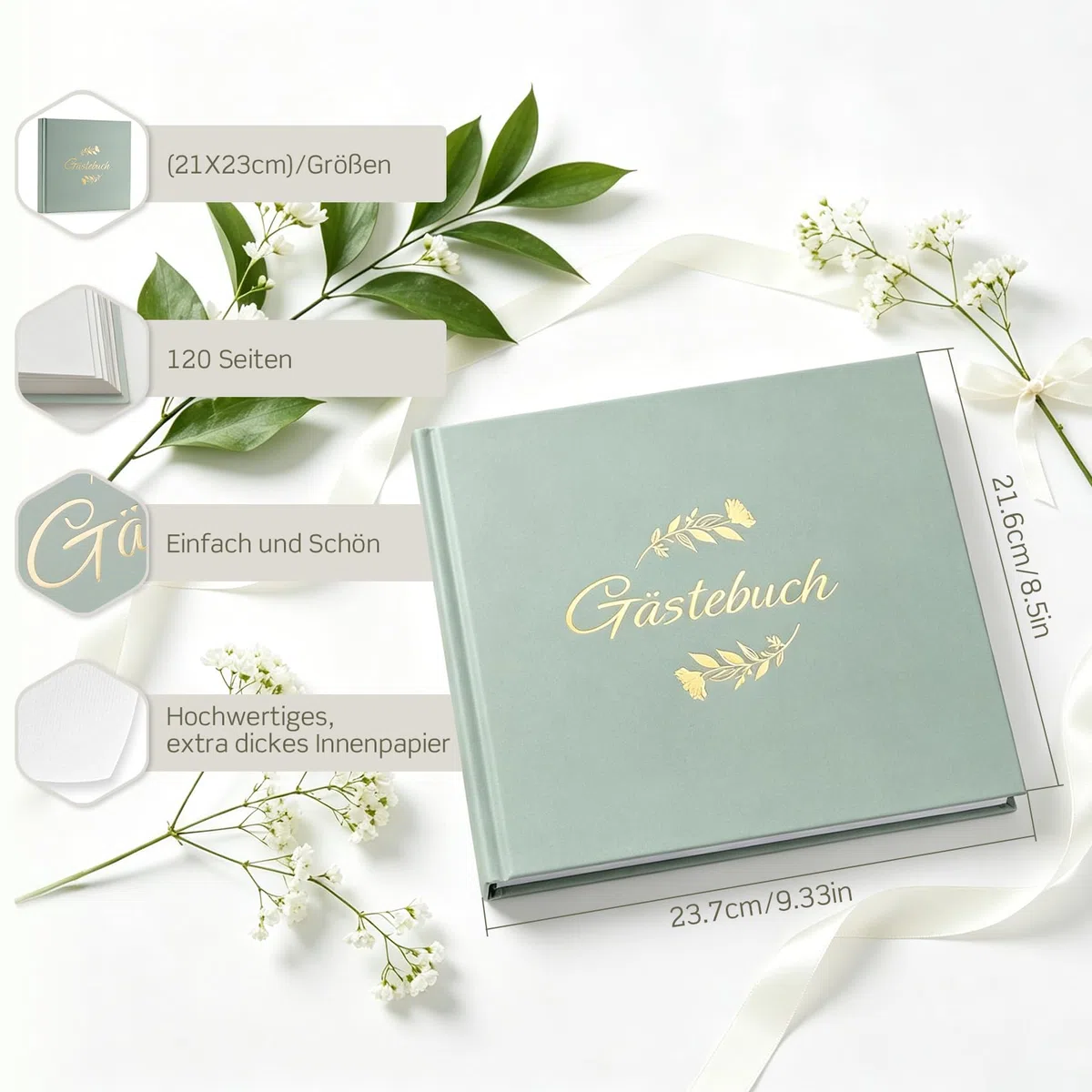 Gästebuch Hochzeit mit 2 Seiten Feststehenden Fotoaufklebern,Hochwertiges Hochzeitsbuch,Hardcover mit Goldprägung,Größe 21x23cm,Hochwertiges Gästebuch,120 Seiten Blanko,6 Seiten Hochzeitssticker,Grün