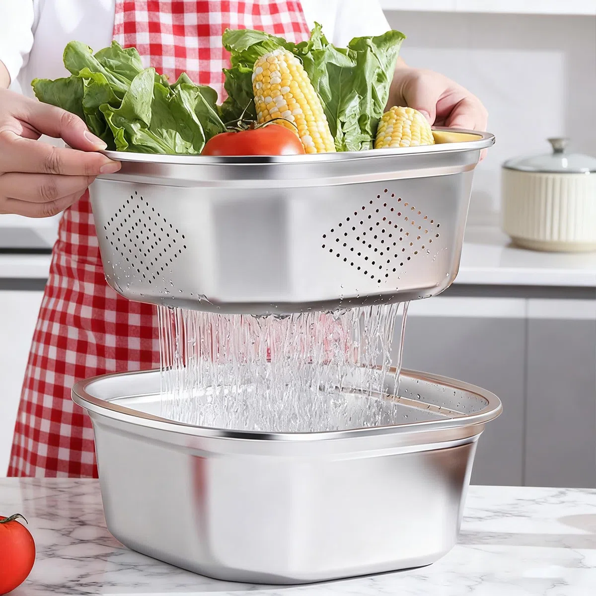 4600 ml KüChensieb Edelstahl Nudelsieb Edelstahl, Küchensiebschüssel Sieve mit Deckel und verstärktem Rahmen von Waschen von Gemüse, Nudeln, Obst und Reis, Tee