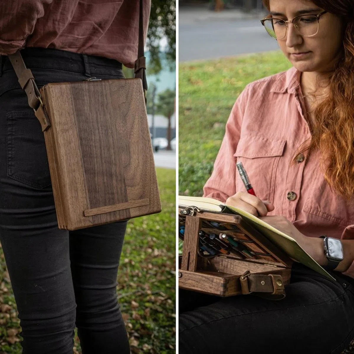 Writers Messenger Holztasche – Kunsttasche, Pochade-Box, Künstlerwerkzeug und Pinsel-Aufbewahrungsbox | Walnussholztasche mit Klappdeckel, Umhängetasche, Taschen-Organizer für Skizzierer, Schriftstell