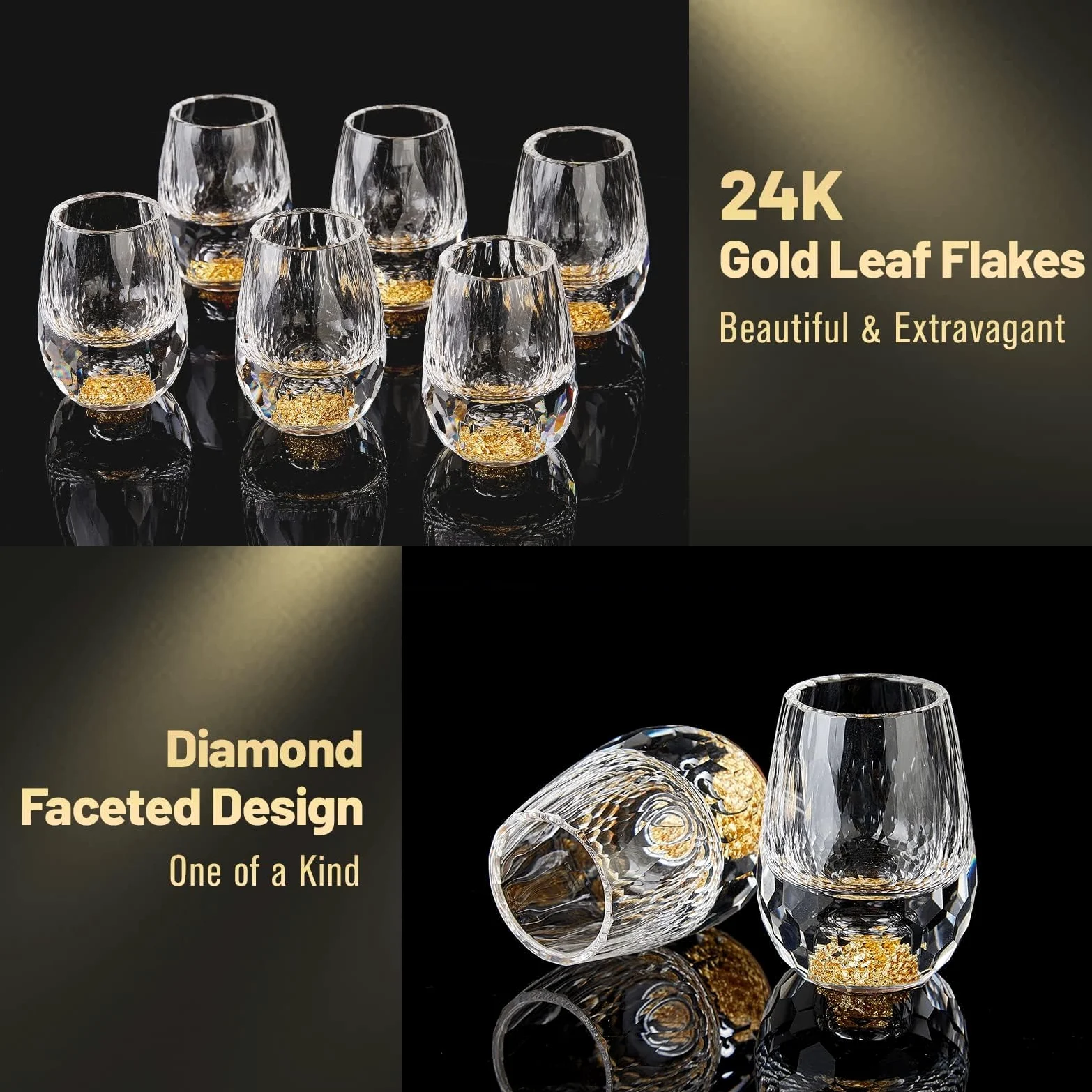 DUJUST Diamant-Schnapsgläser (4cl), kristallgläser, verziert mit 24-karätigen Blattgoldflocken, Luxuriös und Niedlich Shotgläser, BPA-frei und bleifrei, perfekt für Dekoration und Sammlung – 2 Stück