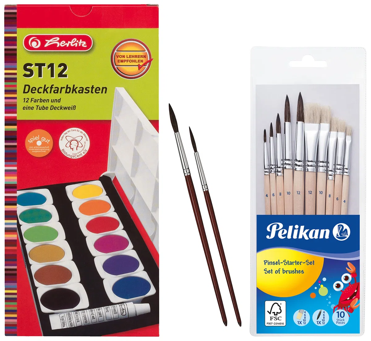 Herlitz 10116655 Schulmalfarben bzw. Deckfarbkasten, 12 Farben inklusive Deckwei? (Schulmalfarben + 12 Pinsel)