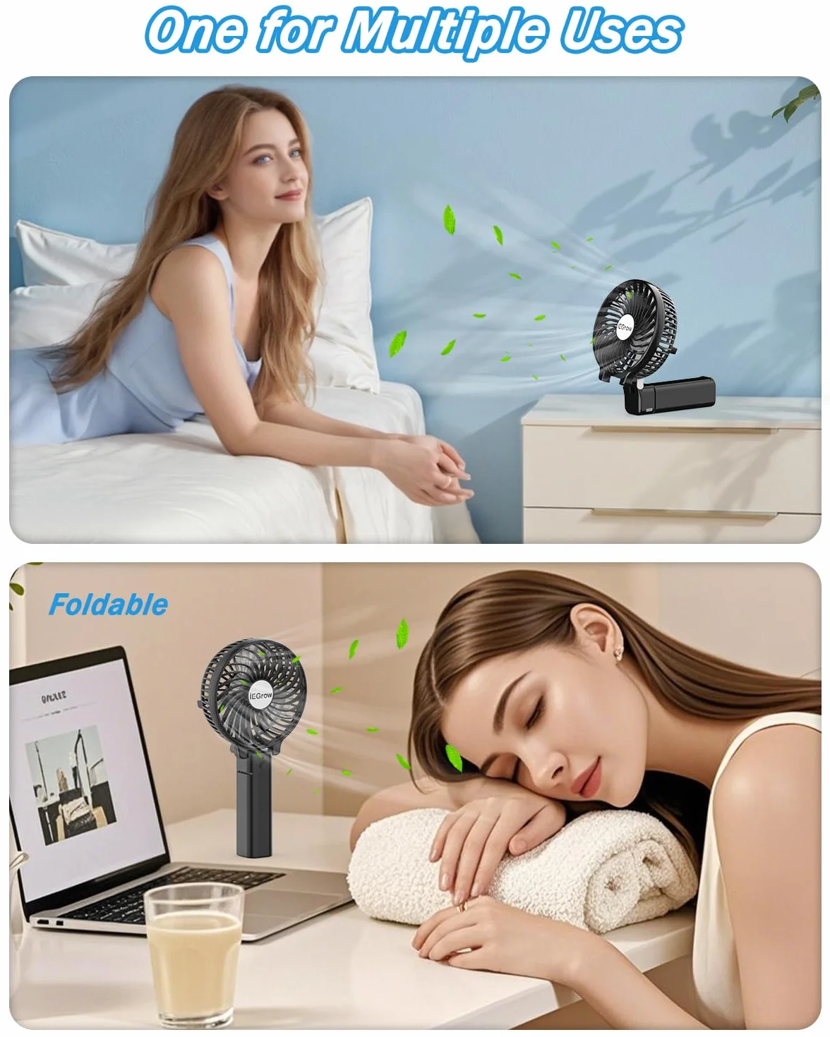 iEGrow Handventilator Tragbarer Mini Ventilatoren USB Wiederaufladbarer [2-9 Betriebsstunden] 3 Geschwindigkeiten Aufladbarem Batterie für Reisen Zuhause(Schwarz)