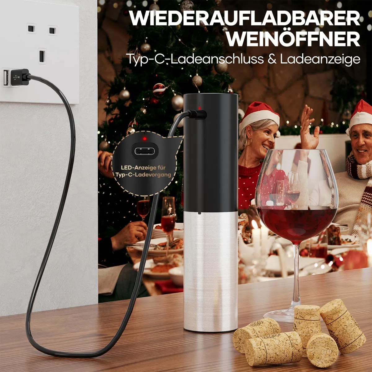 Korkenzieher Elektrisch, Assark Weinflaschenöffner Set, Automatischer Flaschenöffner, Geschenkidee Weinflaschenöffner, Korkenzieher Wein mit Folienschneider, USB-Kabel, Vakuumstopfen und Weinausgießer