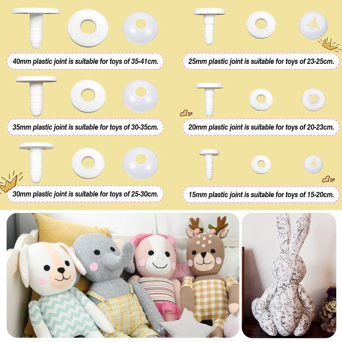 TOAOB 16 Sätze Puppen Gelenke Weiß Kunststoff Puppengelenke Tiergelenke 15mm bis 40mm Gelenkscheiben DIY Puppe Herstellung Zubehör für Marionette Häkeltiere Bastelbedarf