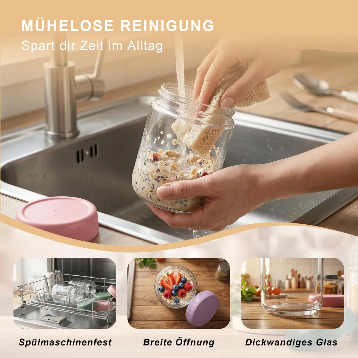 4 Stück Overnight Oats Gläser 500ml mit Deckel, Joghurtbecher To Go aus Glas, Meal Prep Vorratsgläser für Müsli Marmelade und Pudding, Inklusive 2 Löffel, 4 Farben