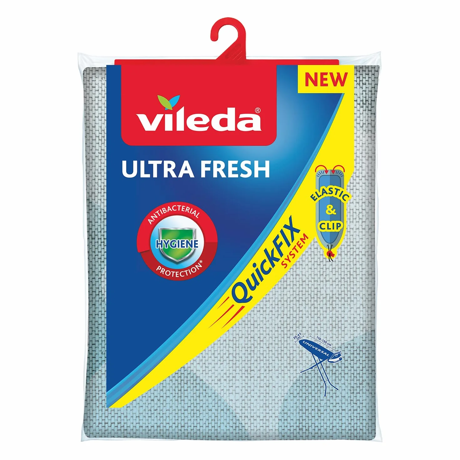 Vileda Ultra Fresh Bügelbrettbezug, antibakterieller Bügelbezug gegen Bakterienwachstum, für Bügelbretter von 110-130 cm x 30-45 cm, Farbe Grau-Blau