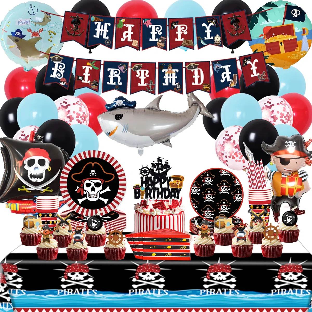 Piraten Deko Kindergeburtstag Partygeschirr Set - Pirate Geschirr Pappteller Becher Servietten Strohhalme, Piratenschiff Folienballon und Happy Birthday Girlande für Geburtstagsdeko
