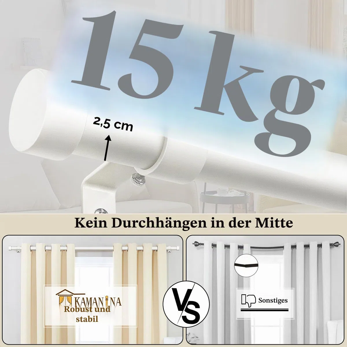 KAMANINA Gardinenstange Weiß 80 to 148 cm Lang, 25 mm Durchmesser Vorhangstange Ausziehbar mit Einfachen Endkappen für Fenster, Schlafzimmer, Wohnzimmer