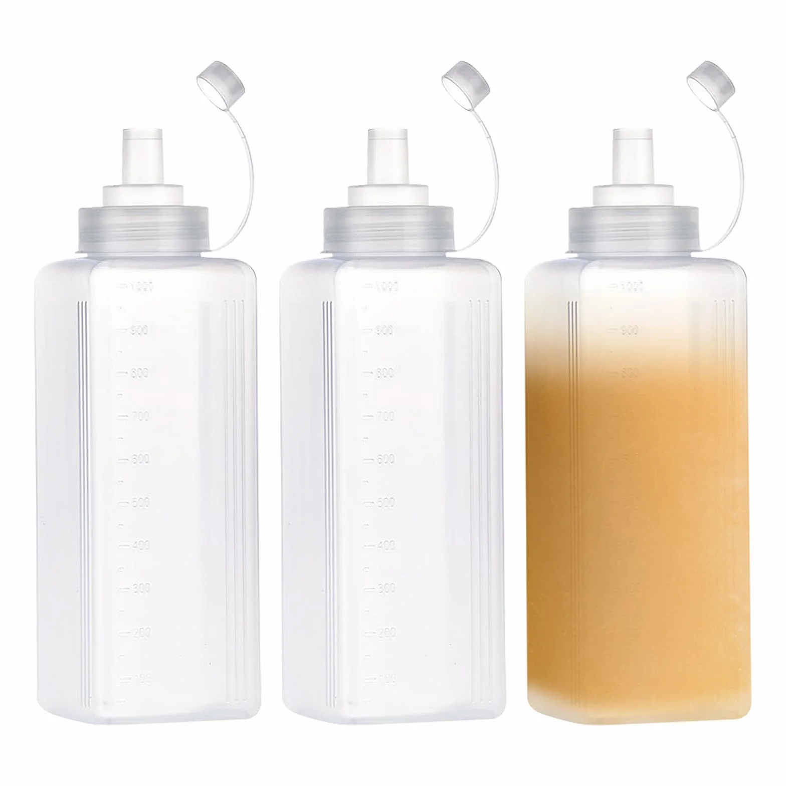 3 Stück Plastik Squeeze Flasche, Breiter Mund Quetschflasche Mit Kappen, Transparent Kein Leck Condiment Flaschen für Malen,Backen,Ketchup,scharfe Soße,Olivenöl, Saucenflasche (# 1000ML)