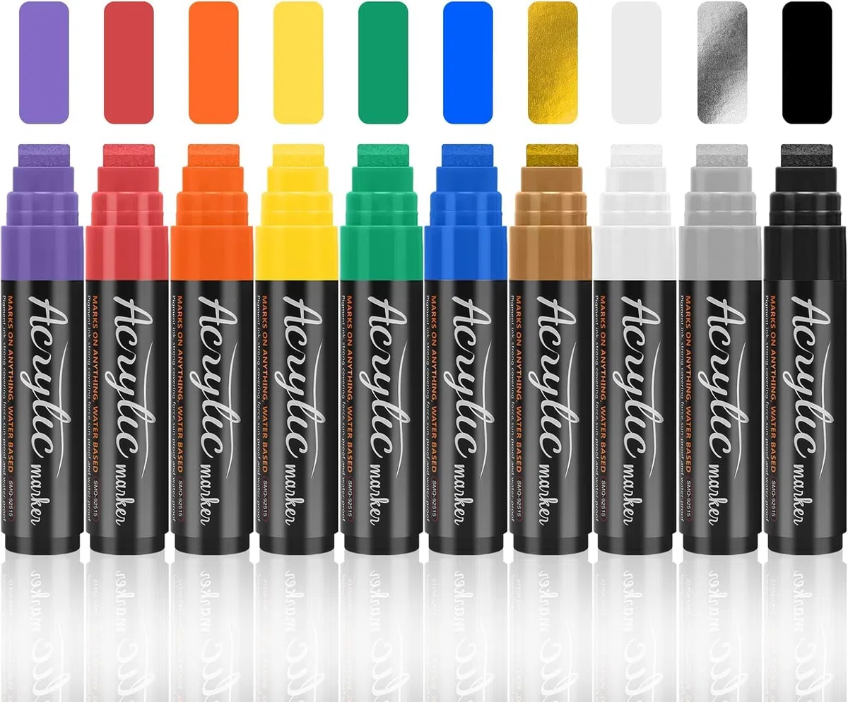 10 Farben 15mm Acrylstifte Breit, 3-in-1 Jumbo Acrylfarben Graffiti Stifte Acrylmarker für Steine Wasserfest, Permanent Marker Fein zum Bemalen Holz Glas Karton Blumentopf Straßenkünstler