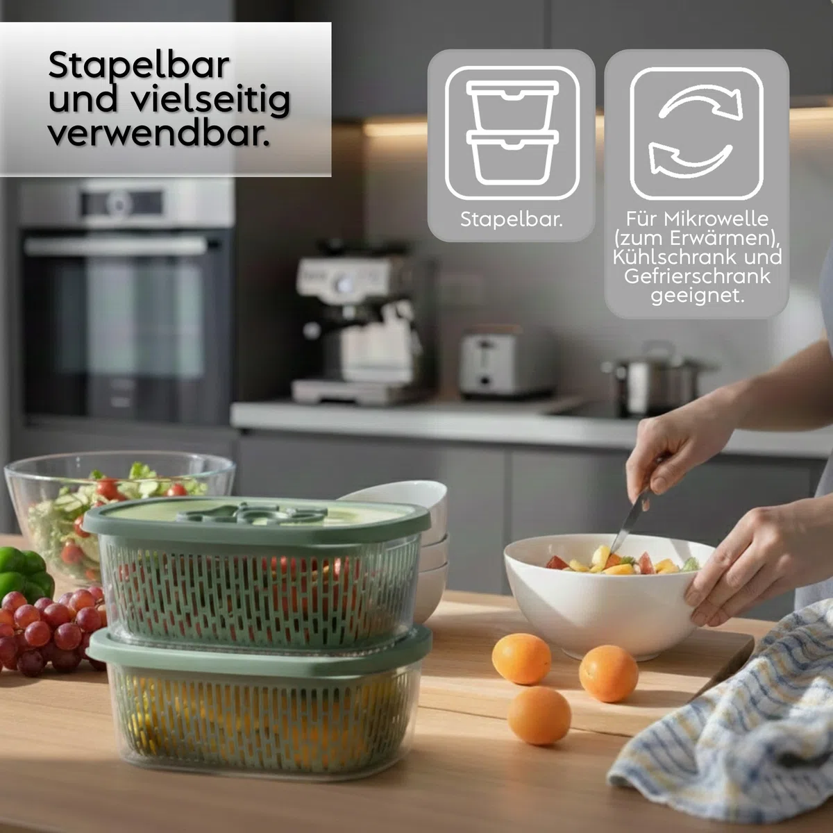 Snips Aroma Keeper Frischhaltedose 4 L mit Abtropfkorb, Vorratsdose für Obst und Gemüse, Lebensmittelbehälter für Kühlschrank und Gefrierschrank, spülmaschinengeeignet, Grün, Made in Italy