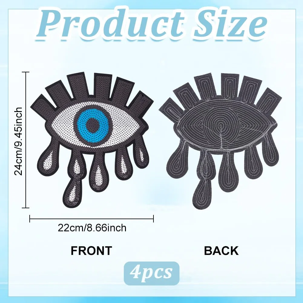 INFUNLY 4PCS Böser Blick Pailletten Aufnäher Bügeln 8.6x9.5" Glitzer Gestickter Patch Boho Böser Blick Patch für Kleidung Große Gestickte Applikation für DIY Kleidung Jeans Taschen Jacke Rucksack Hut