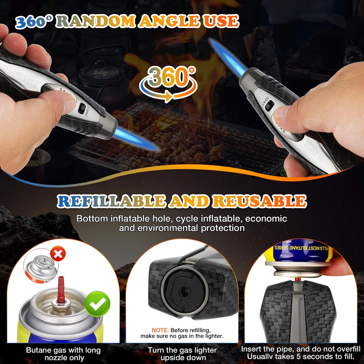 Butanbrenner-Feuerzeug, nachfüllbarer Butanbrenner mit Sicherheitsverschluss, einstellbare Flamme, Küchenbrenner, winddichtes Design, Kochen，Außenbereich, Grillen (Butan NICHT enthalten) (Schwarz)