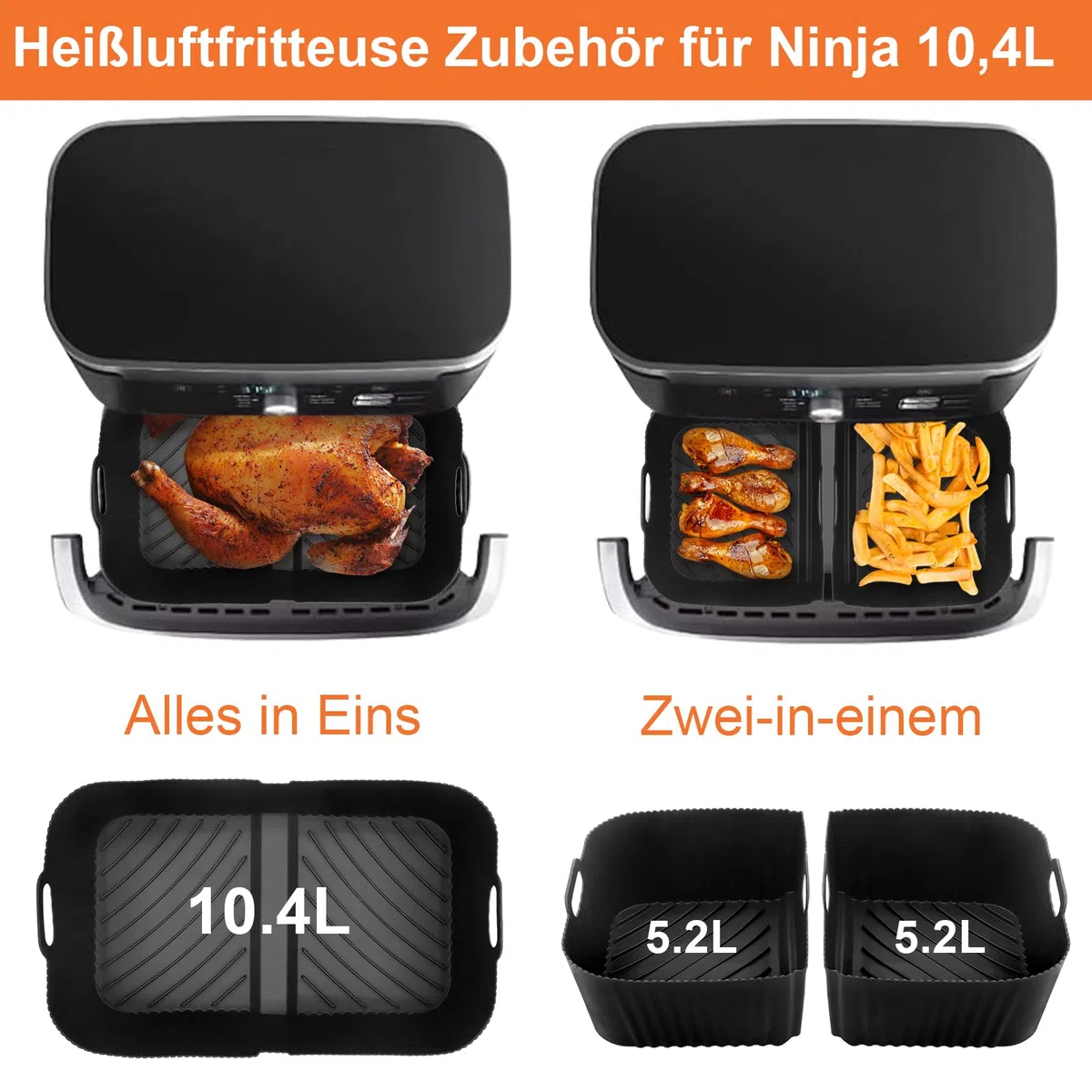 Heißluftfritteuse Zubehör für Ninja 10,4L AF500EU, Airfryer Silikonform für Ninja Foodi Flexdrawer 10.4l, Wiederverwendbar Heißluftfritteuse Silikon Einsätz für Ninja Air Fryer AF500EUCP