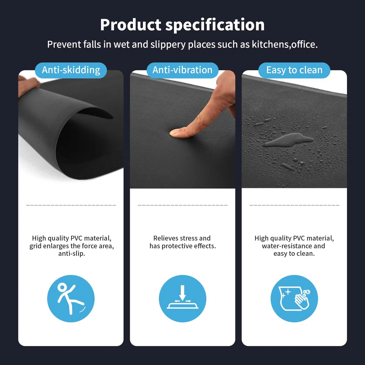 Art3d 1,2 cm Anti-Ermüdungsmatte Komfortmatte gepolsterte Küchenmatte rutschfestes Schaumstoff-Komfortkissen für Stehpult Büro oder Garageboden 71 x 44 cm Schwarz
