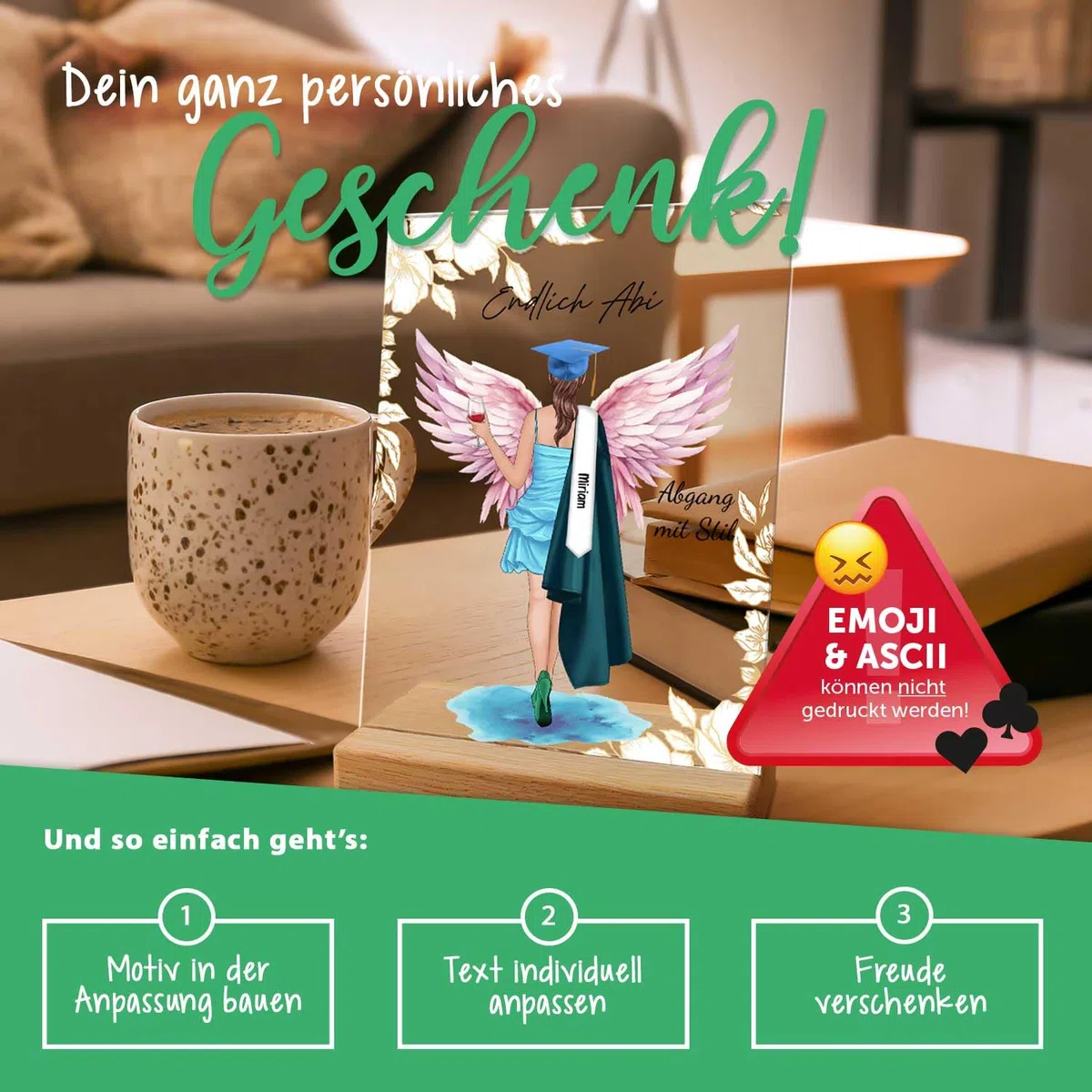 GRAVURZEILE Bedrucktes Acrylglas mit Konfiguration - Schulabschluss - Umfangreich anpassbares Motiv zum selbst gestalten - Personalisierbares Geschenk für den Bachelor & Master - Farbe: Weiblich
