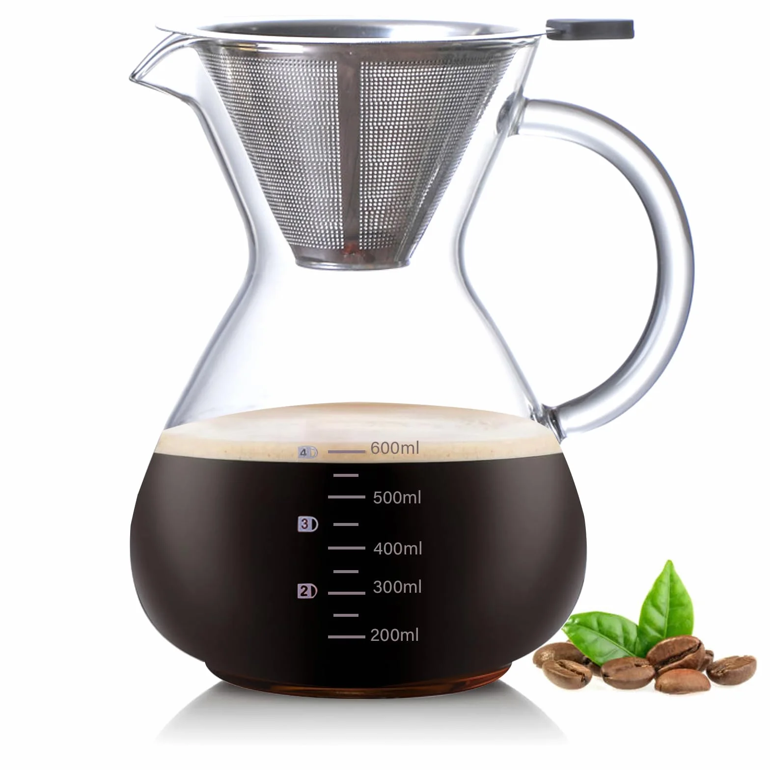 Pour Over Kaffeebereiter, 600ml Glas Kaffeekanne mit Filter und Hitzebeständigem Griff, Pour Over Coffee Maker Handbrüh Kaffeebereiter für bis zu 4 Tassen für Baristas Hause und Café