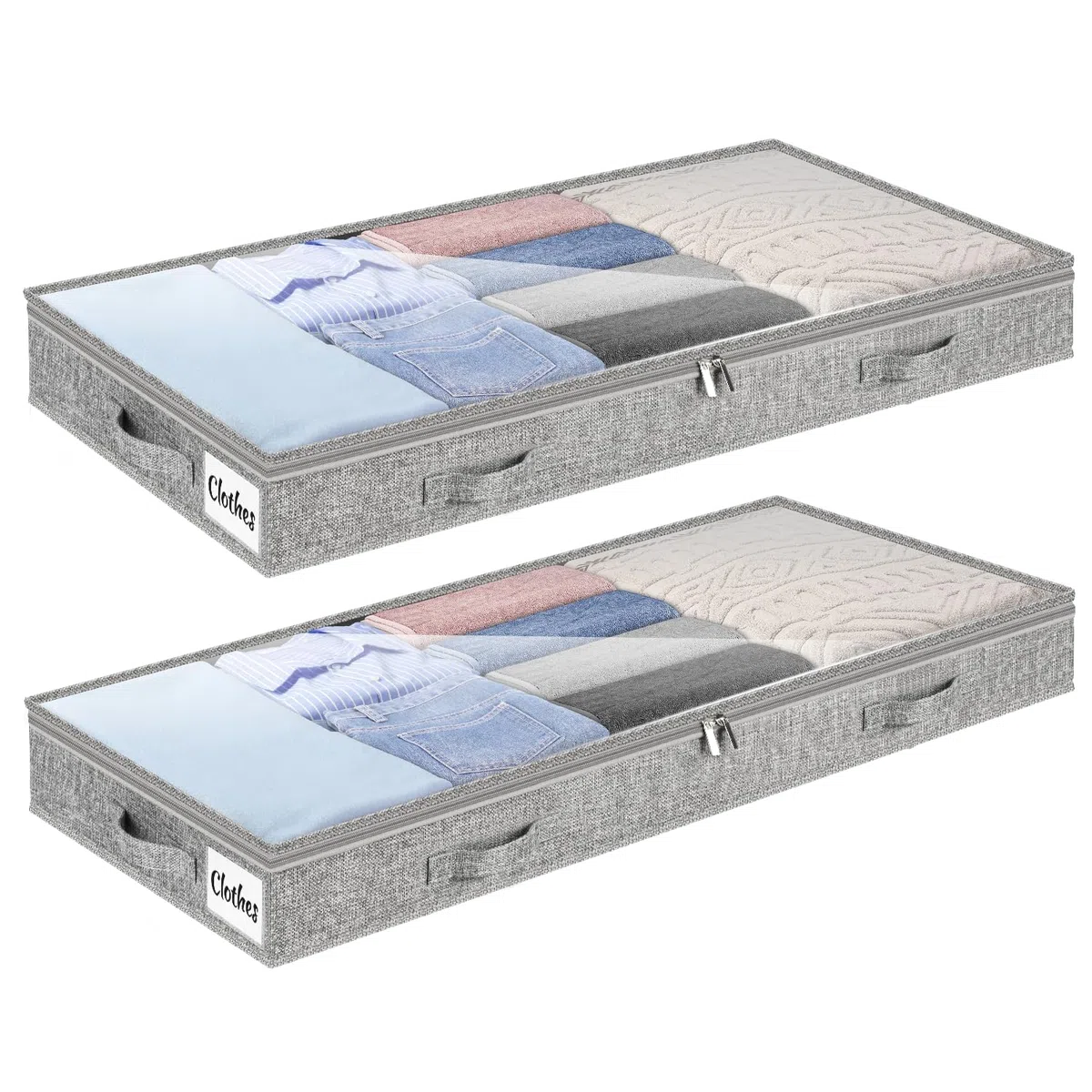 Unterbett Aufbewahrungsbox 2 Stück Unterbettkommode und klarem Deckel, 10cm hoch Kleideraufbewahrung & Organisation aus langlebigem Material, ohne feste Struktur, 4 Griffen & 2 Reißverschluss, Faltbar