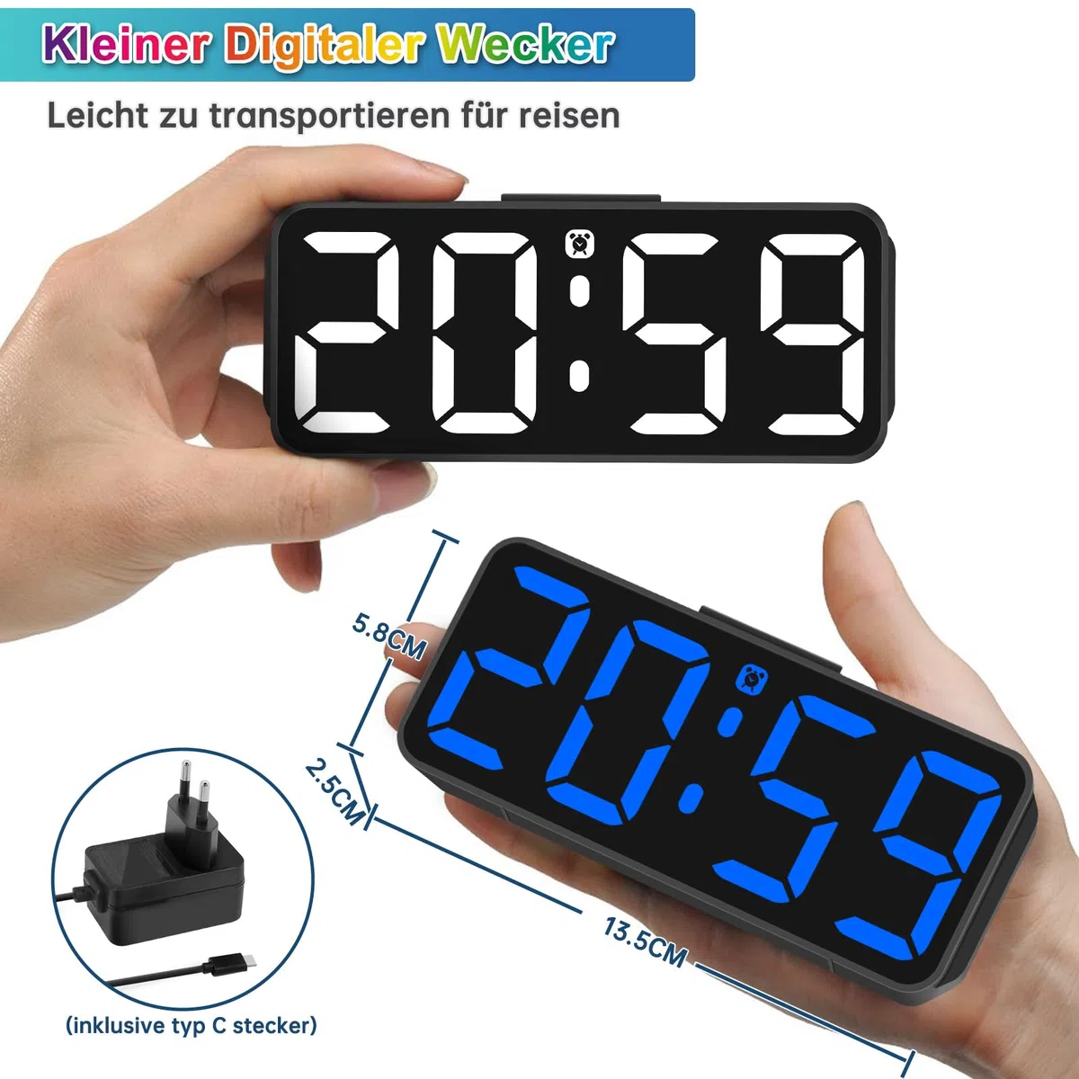 Eachui Wecker Digital RGB Farbiger wecker für Kinder Ohne Ticken Kleiner Uhr Einstellbare Lautstärke und Helligkeit Snooze Funktion 12/24 Stunden Netzbetrieben