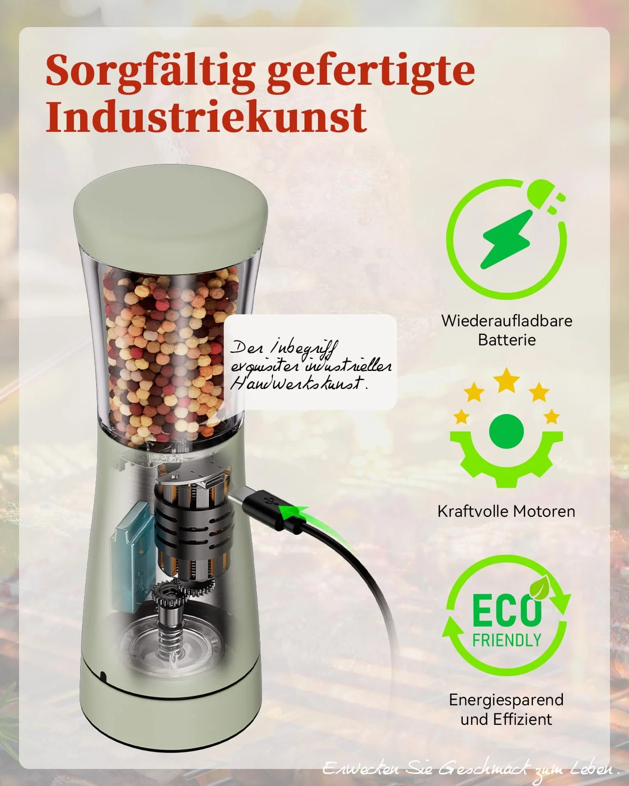 Salz und Pfeffermühlen elektrisch 2er Set aus Edelstahl (Wiederaufladbar, LED Beleuchtung, mit einstellbarem Keramikmahlwerk, Reinigungsbürste Bürste) Gewürzmühle elektrisch Adjustable, Green