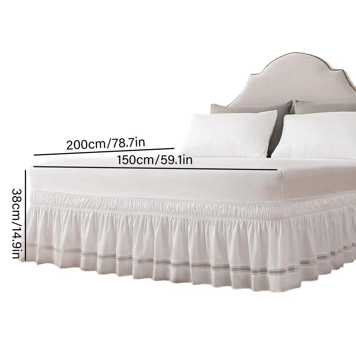 Bettrock umwickeln, 15 Zoll Drop Wrap Around Rüschen Bettrock mit verstellbarem elastischem Gürtel, Einfach anzuziehen, Bettrahmenbezug, maschinenwaschbar