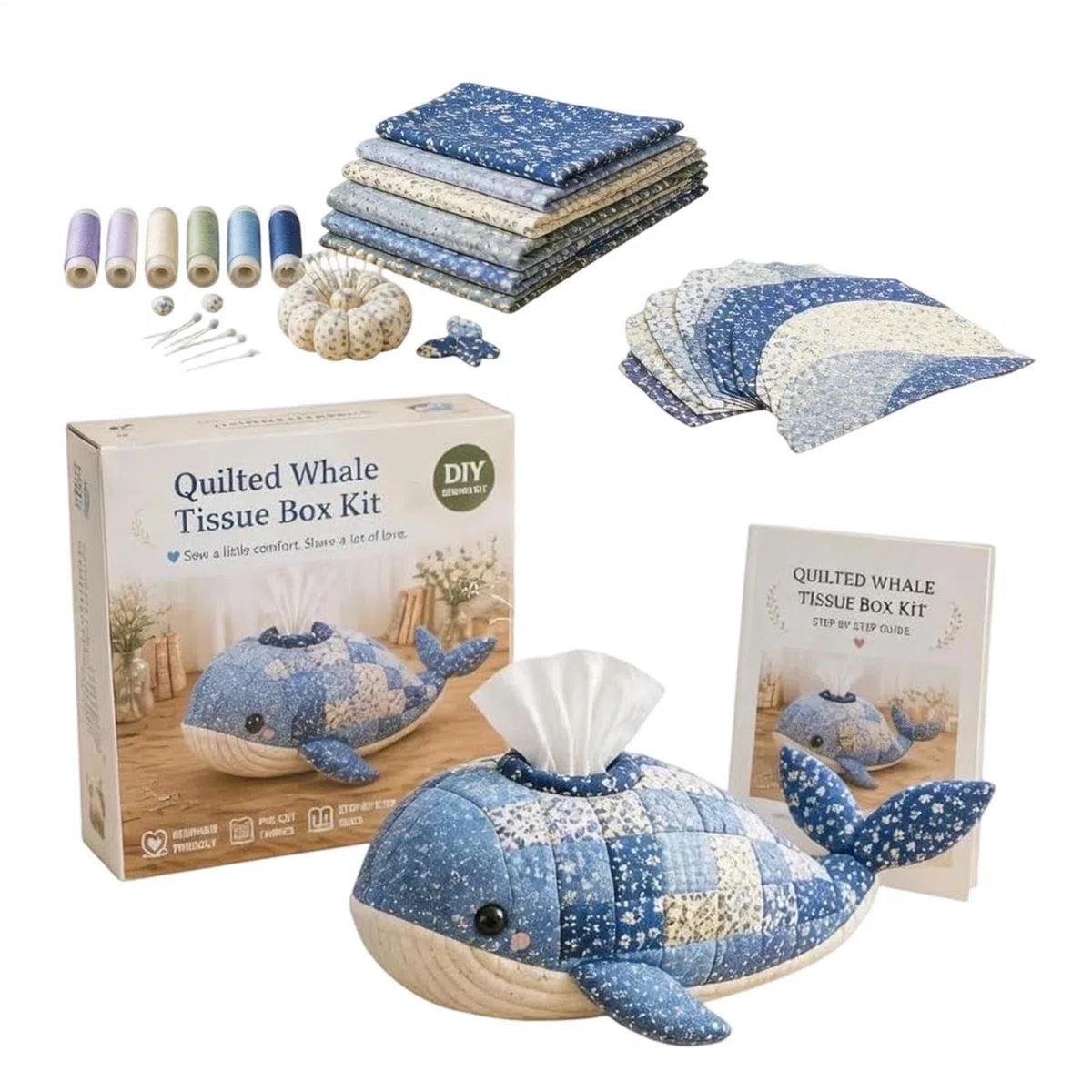 Generisch DIY-Set für gesteppte Taschentuchboxen mit Meerestieren, komplettes patchworks-Nähset mit Meerestieren, anfängerfreundliches, gestepptes Taschentuchbox-Cover-bastelsets für Erwachsene