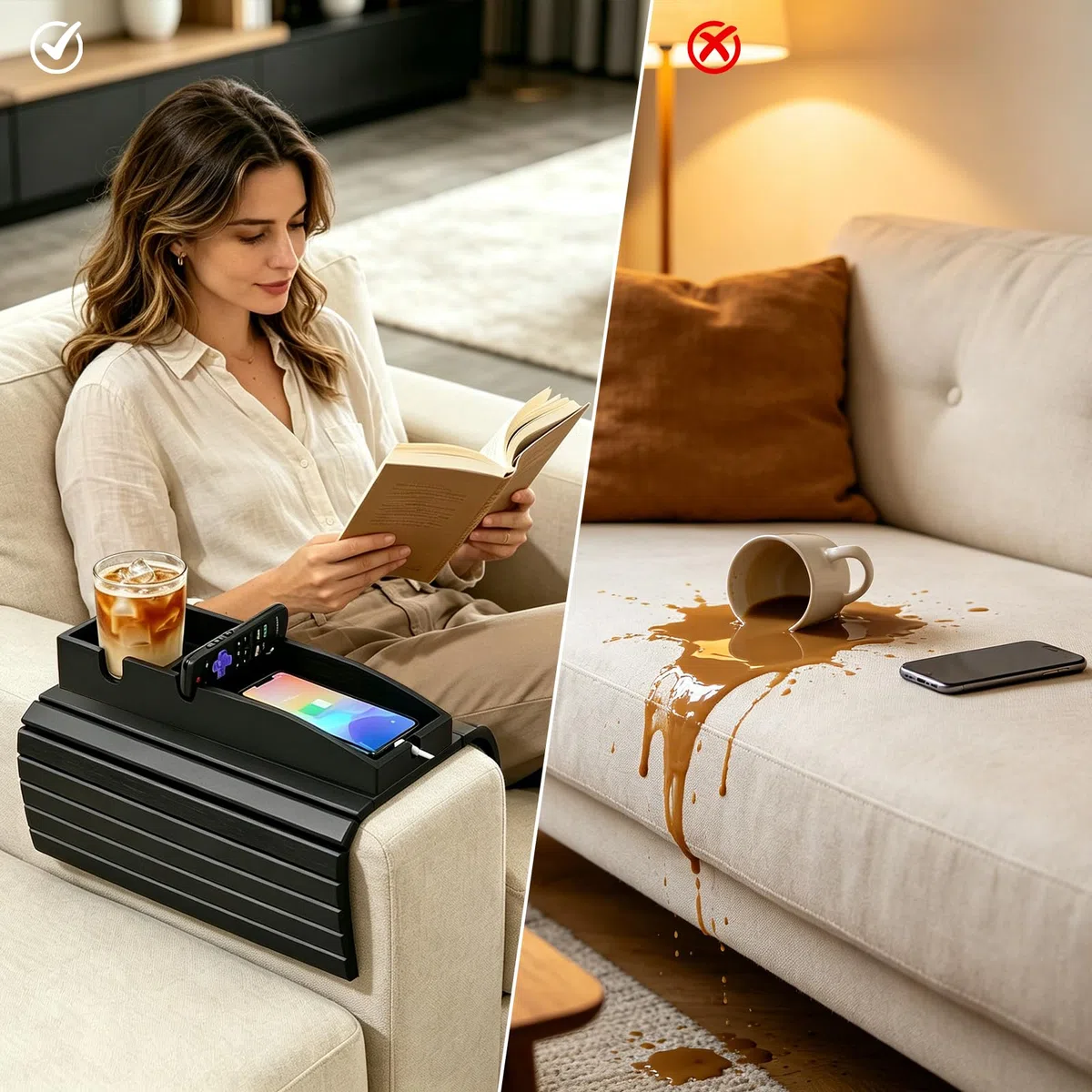 Sofatablett Armlehne, 44x34 cm 3-in-1 magnetisches abnehmbares Couch-Armlehnentablett, Sofa Tablett, Sofa Ablage mit Anti-Rutsch-Pad für Snacks/Handy/Control/Tassen (schwarz)