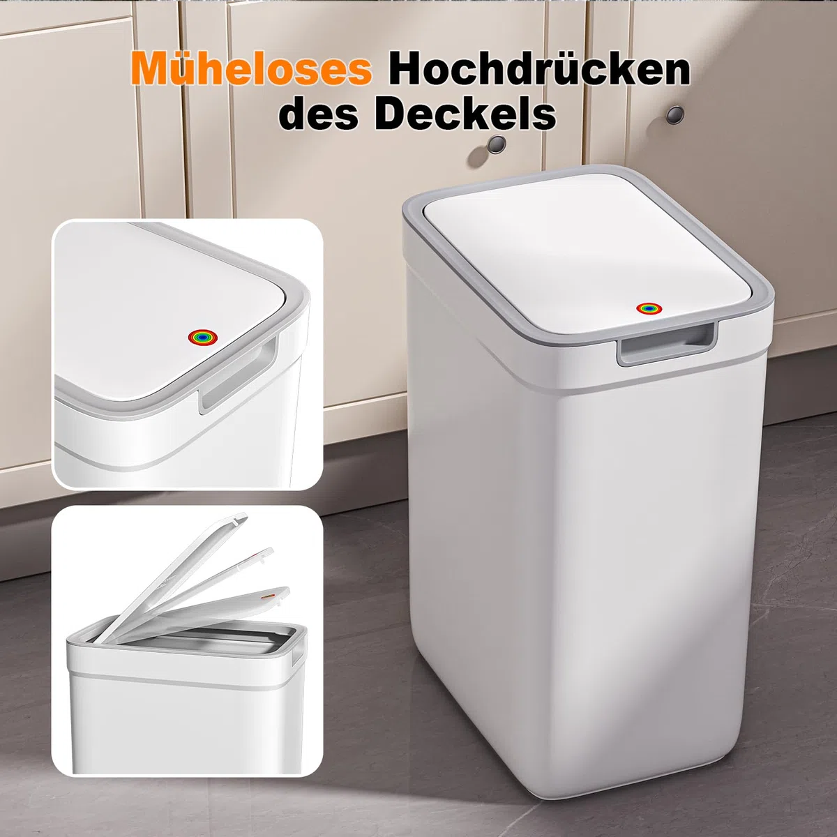 MOPUP Kleiner Badezimmer-Mülleimer mit Deckel, 9 l/2,4 Gallonen, schmaler Mülleimer, Papierkorb aus Kunststoff mit aufklappbarem Deckel, hundesicher für Badezimmer, Küche, Schlafzimmer, Wohnzimmer