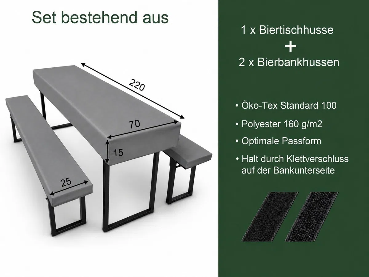 3-teilige Bierzeltgarnitur-Auflage mit sicherem Halt, bestehend aus 2 Bierbank Hussen und 1 Biertisch Husse. Waschbar, rutschfest und windfest. Farben und Größen wählbar. (Grau, 220 x 70)